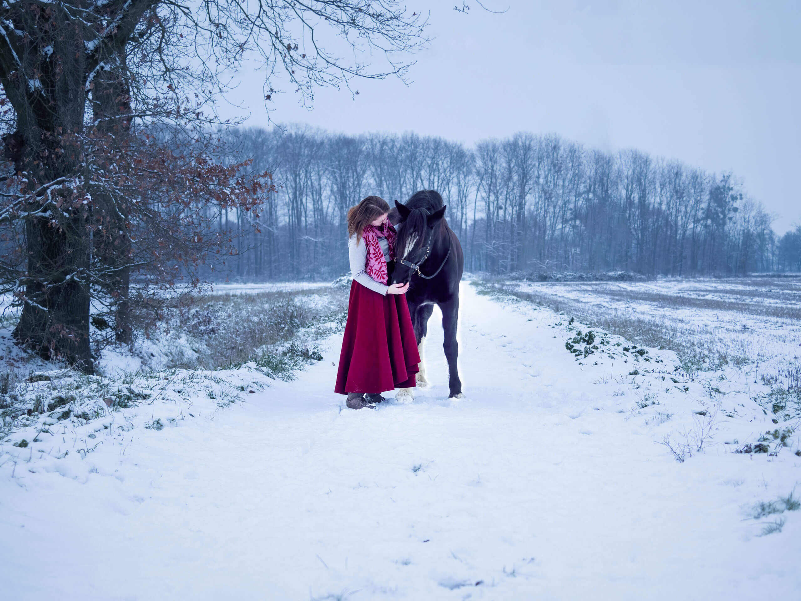 Frau und Pferd im Schnee